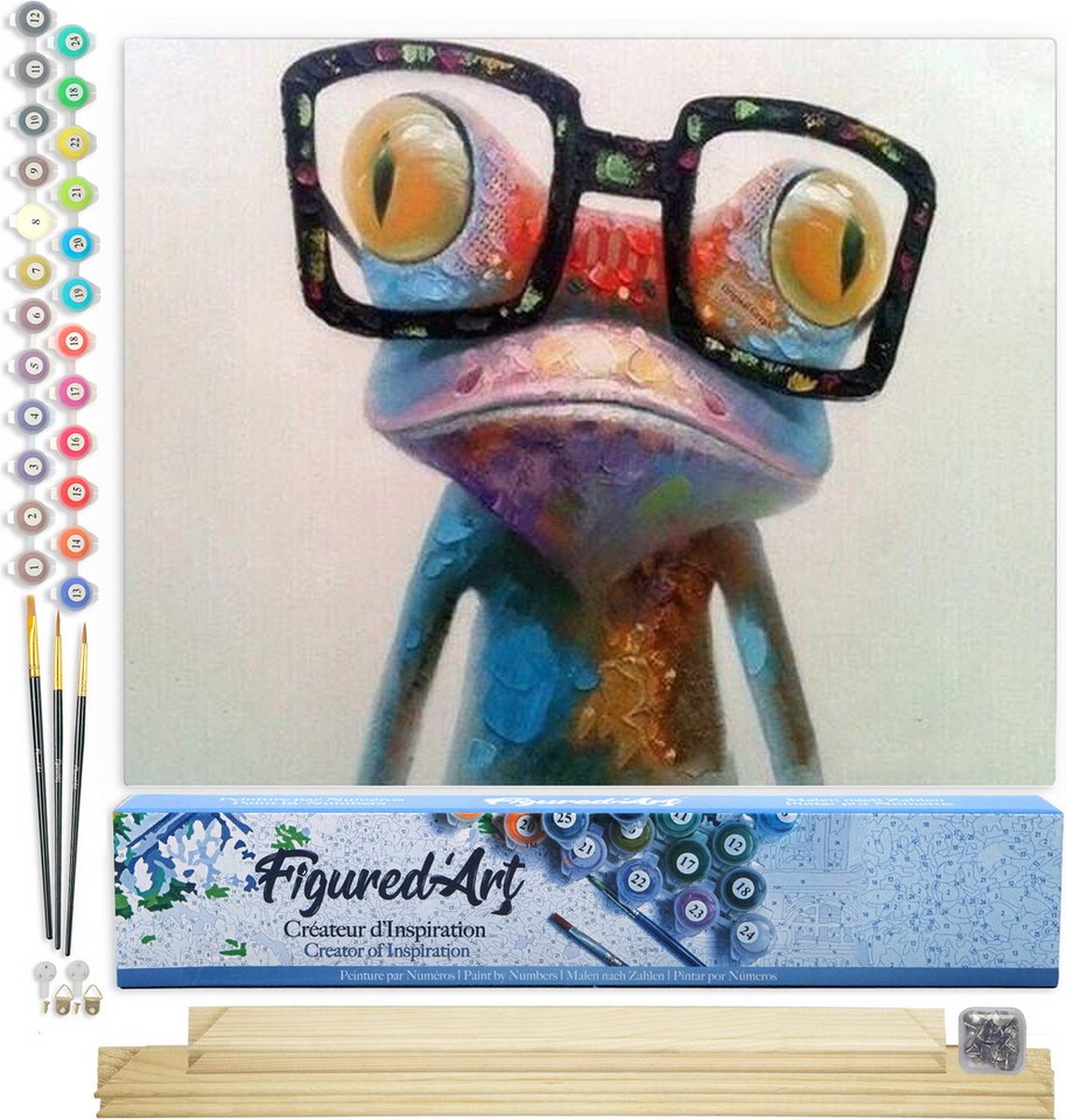 FiguredArt Schilderen op Nummer Volwassenen canvas Kikker en brillen - Handwerk acrylverf Kit DIY Compleet - 40x50cm met DIY houten lijst